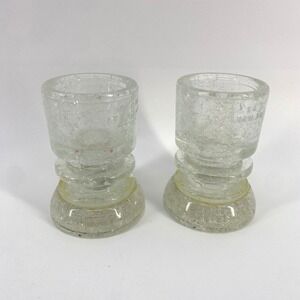 2 Vintage Hemingray Glass Crackle Pattern Insulator Candle Holders Mid Century